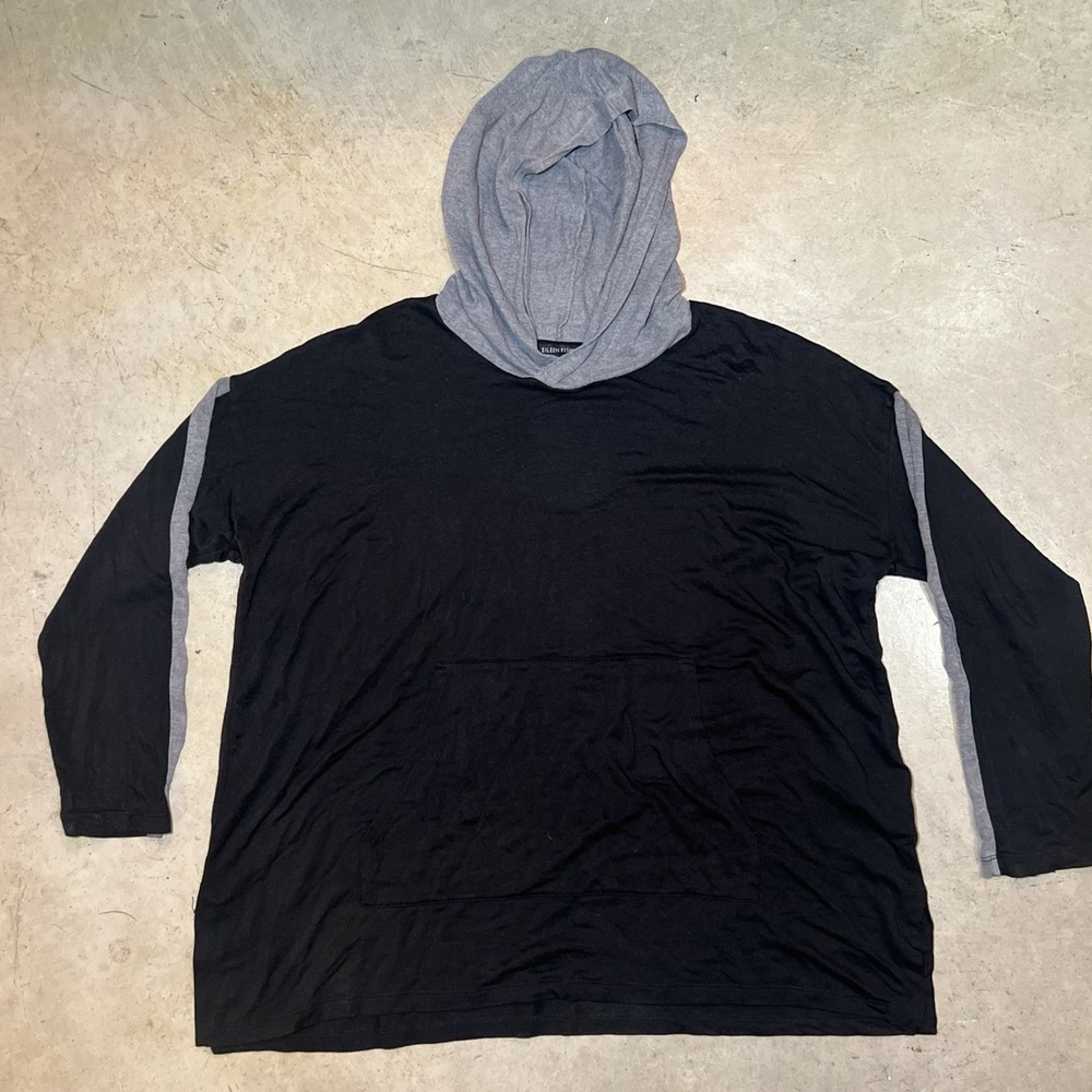 Eileen Fisher Black Grey Tencel Lyocell Hooded Sweatshirt Large Stretch